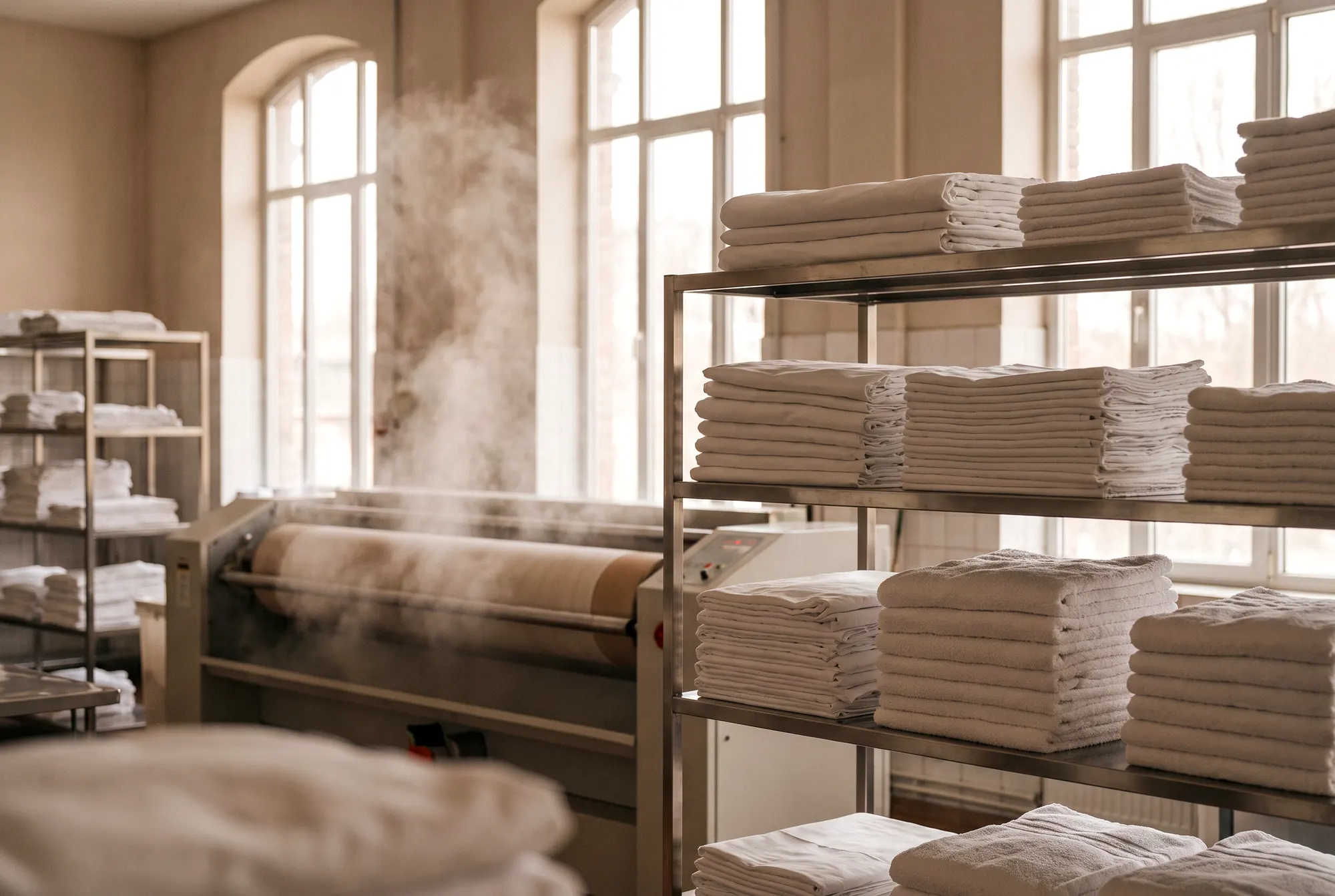 Étagères de draps et de serviettes blancs pliés dans une blanchisserie professionnelle, calandre en arrière-plan