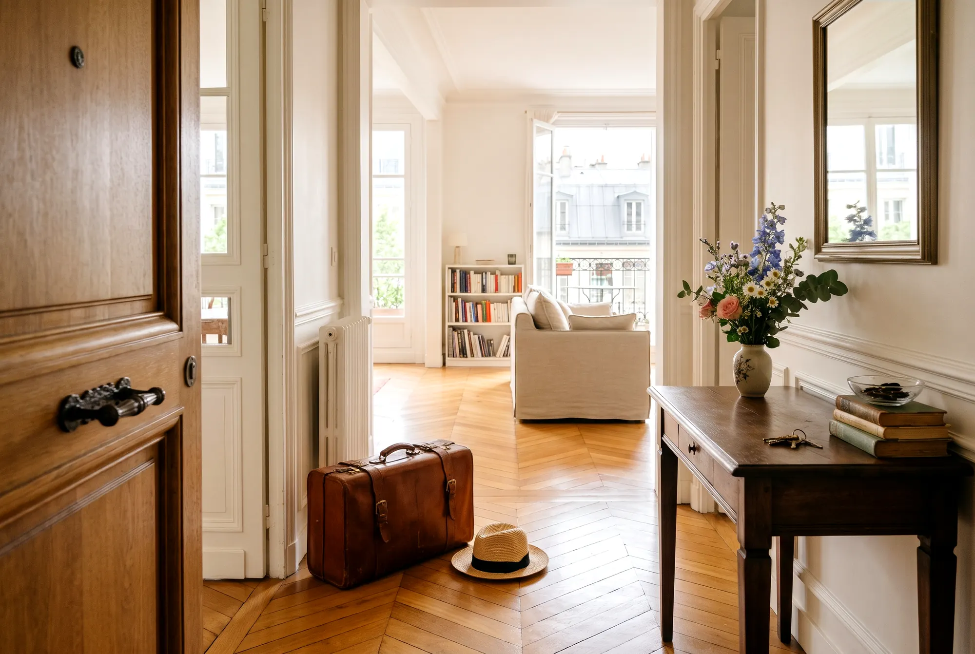 Entrée d’un appartement parisien prêt pour l’arrivée des voyageurs, valise en cuir et chapeau de paille posés près de la porte