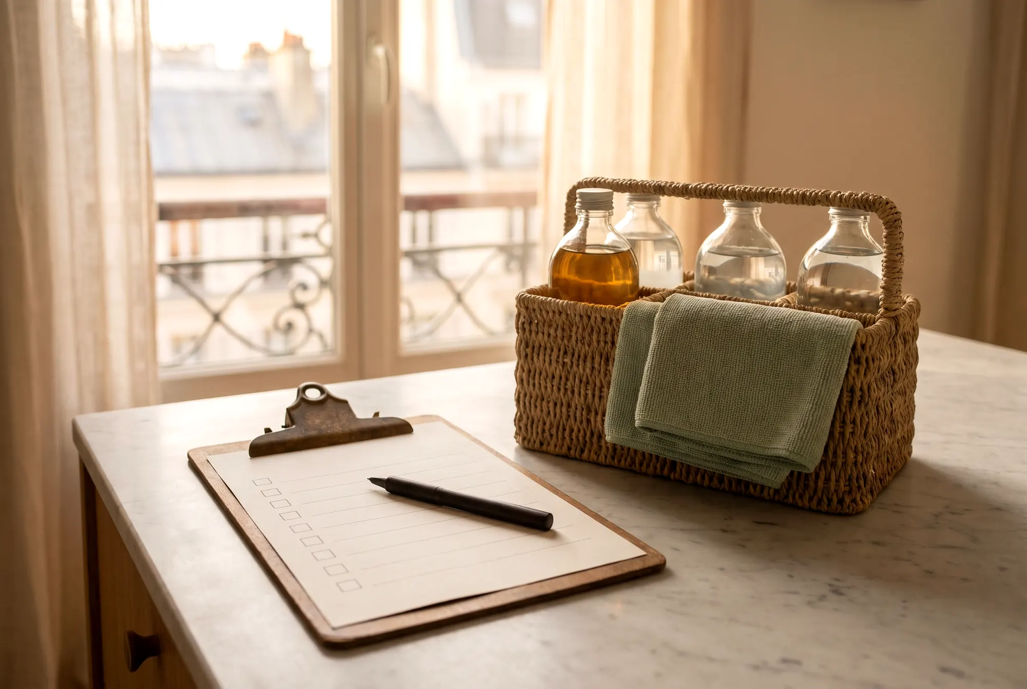 Checklist de ménage Airbnb : planchette avec feuille de cases à cocher vierges et stylo sur un plan en marbre