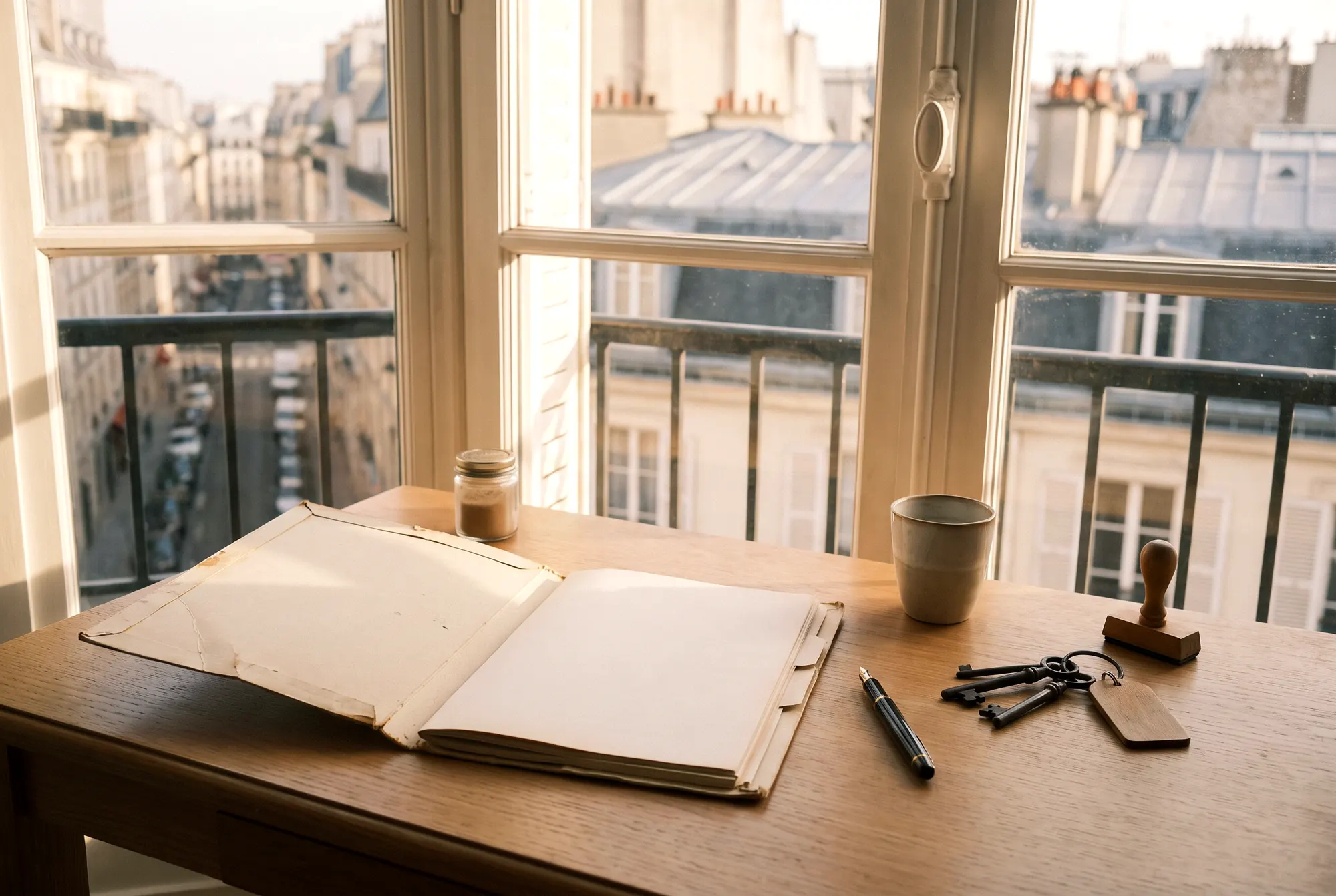 Dossier ouvert, stylo plume, tampon et clés à étiquette sur un bureau face aux toits de Paris : préparer un contrat de ménage