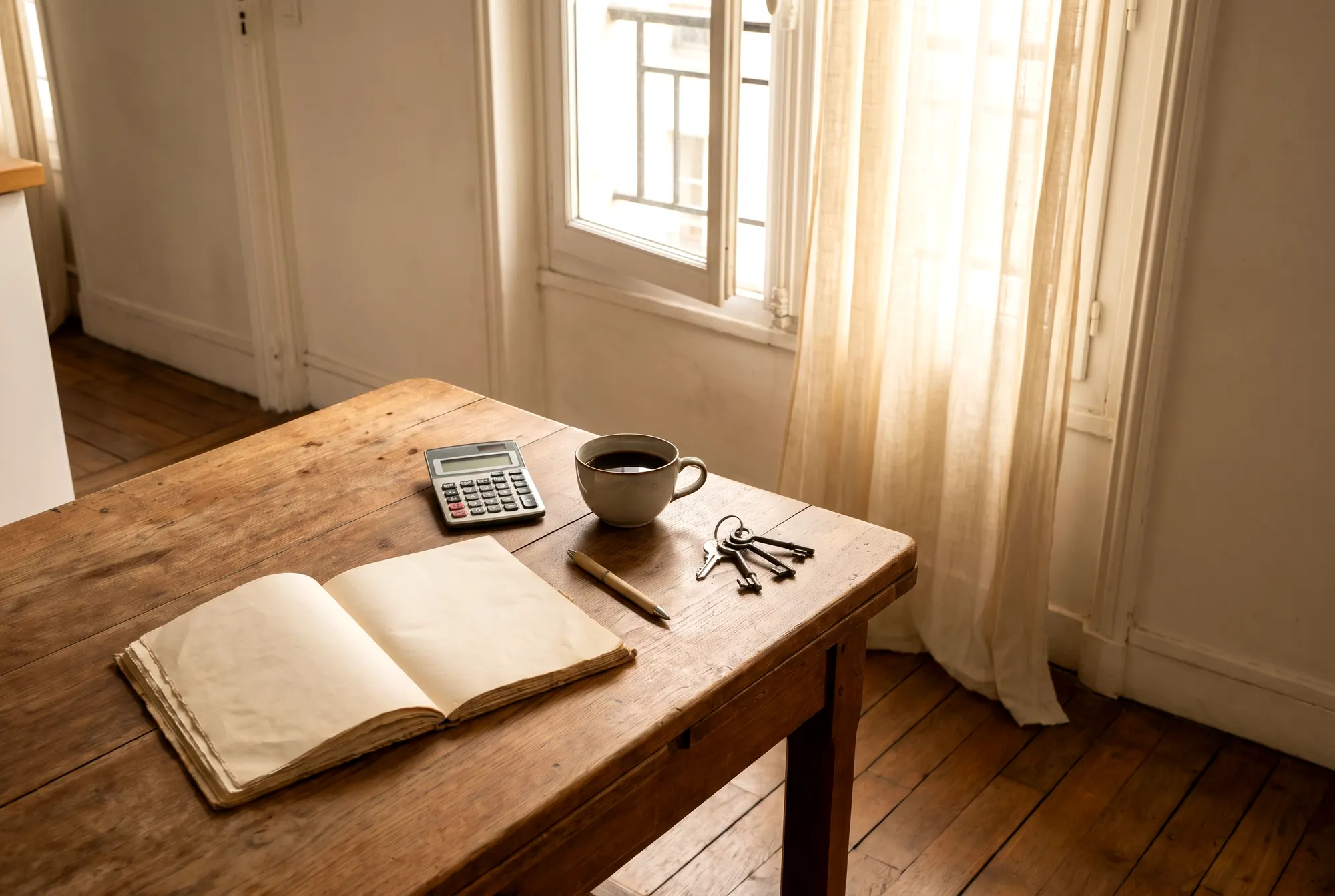 Table de cuisine parisienne avec un carnet ouvert, une calculatrice, un café et un trousseau de clés
