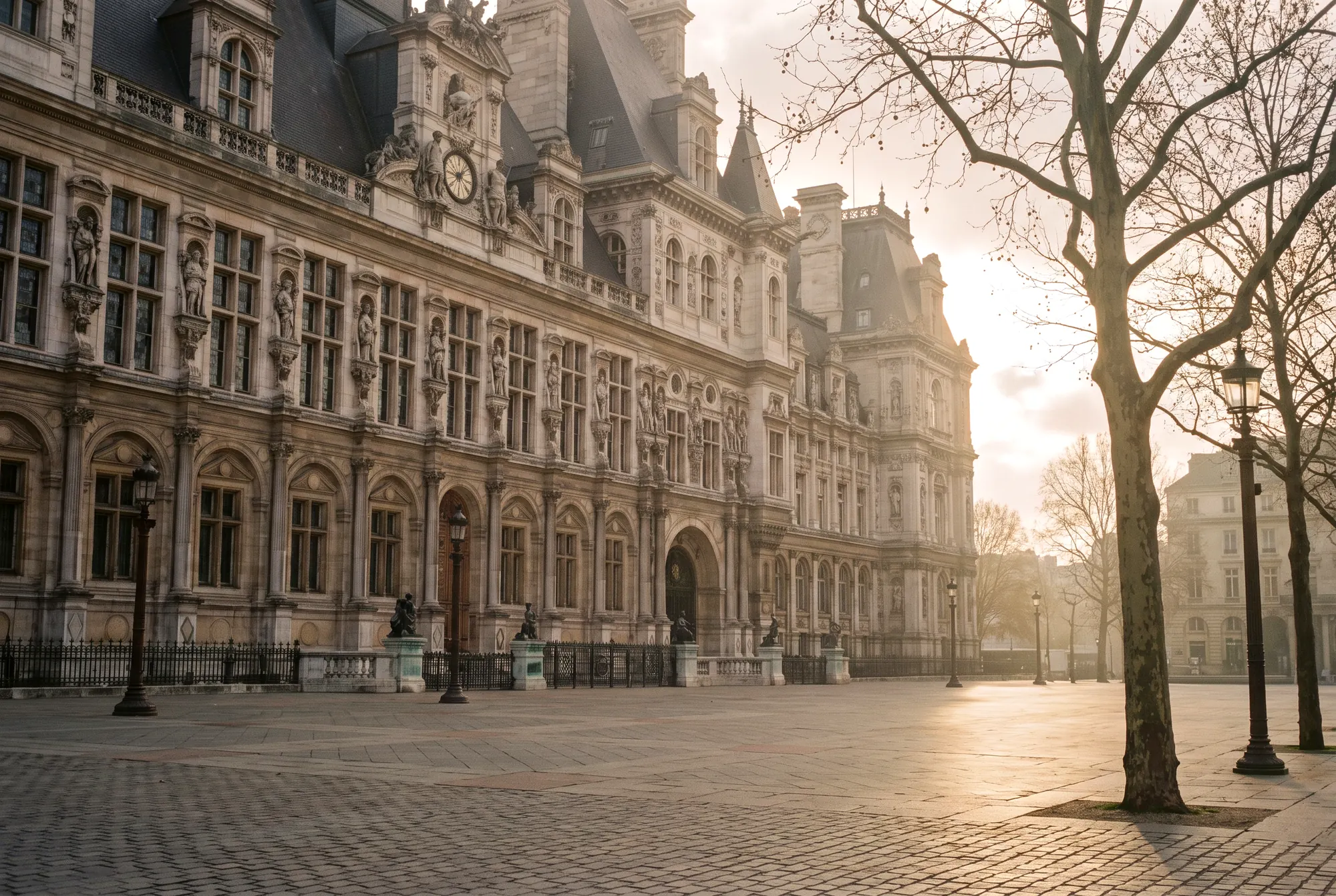 Façade de l’Hôtel de Ville de Paris au petit matin, place déserte bordée de platanes