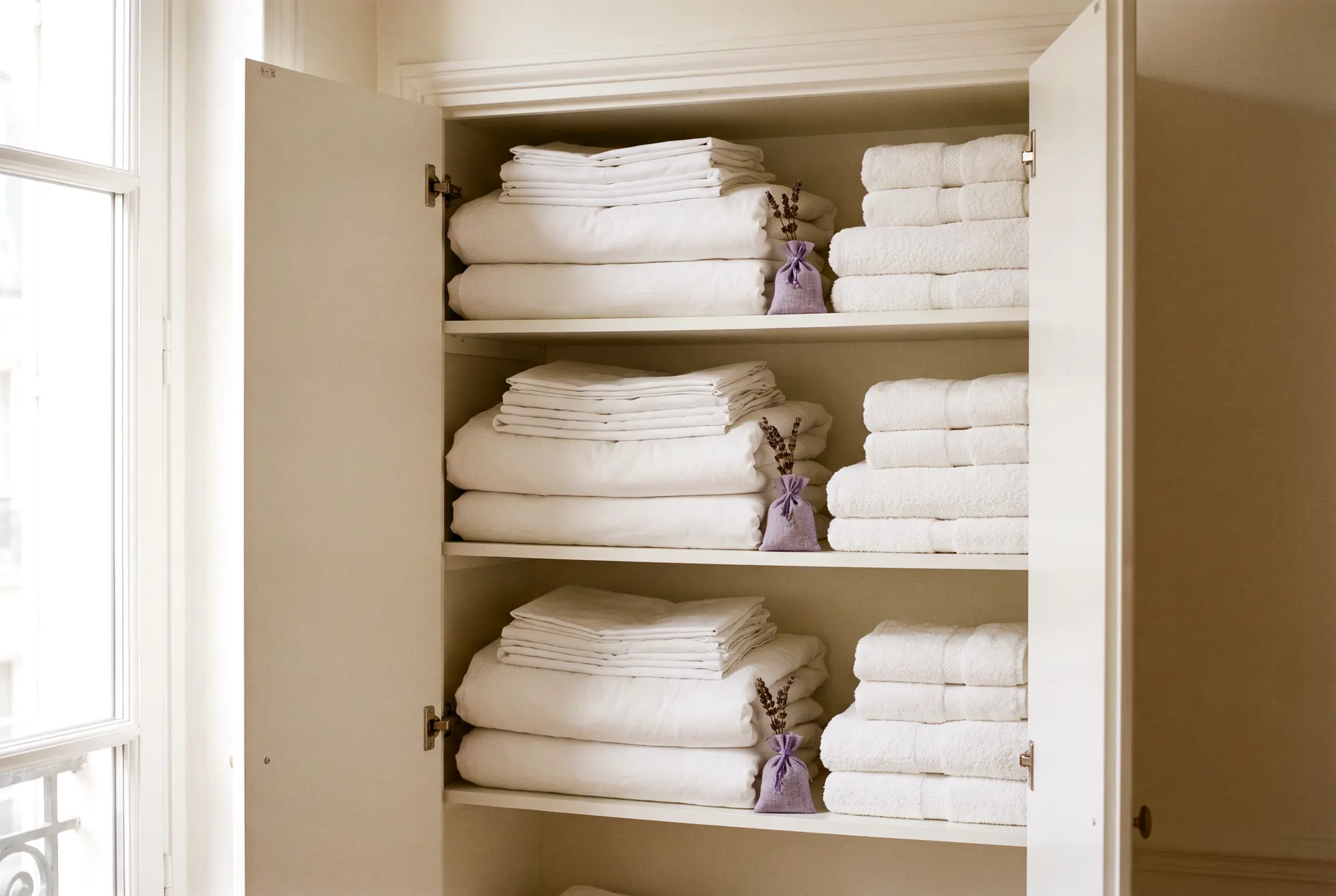 Armoire à linge ouverte avec trois jeux complets de draps et de serviettes blancs pliés, sachet de lavande