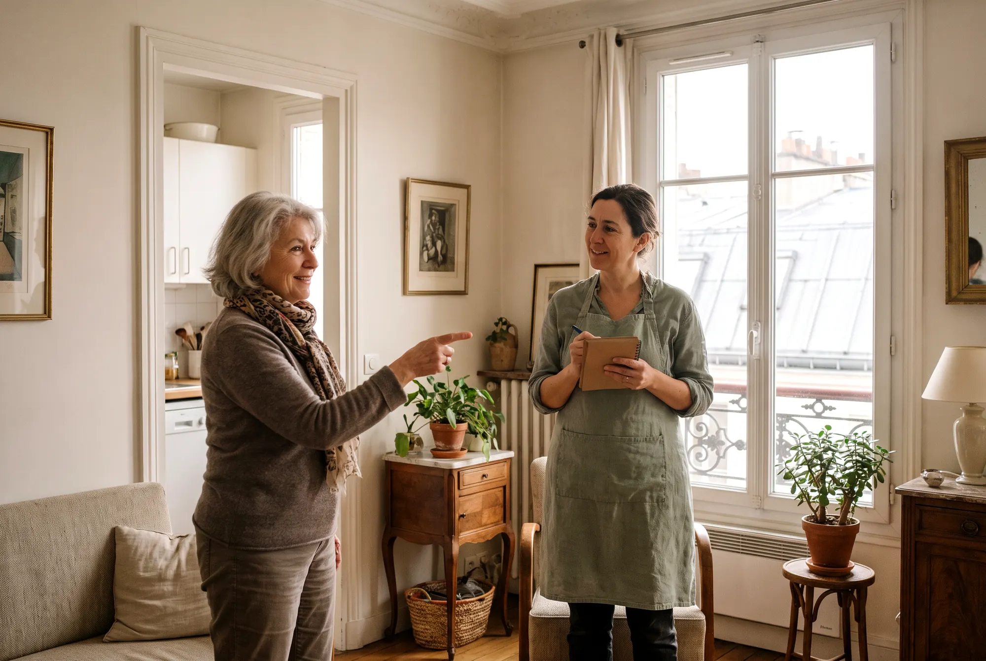 Propriétaire présentant son appartement parisien à une intervenante qui prend des notes lors d’un premier rendez-vous