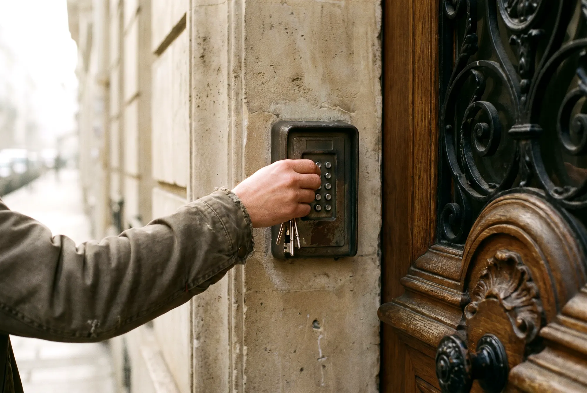 Main déposant un trousseau de clés dans une boîte à clés murale à clavier, à l’entrée d’un immeuble haussmannien