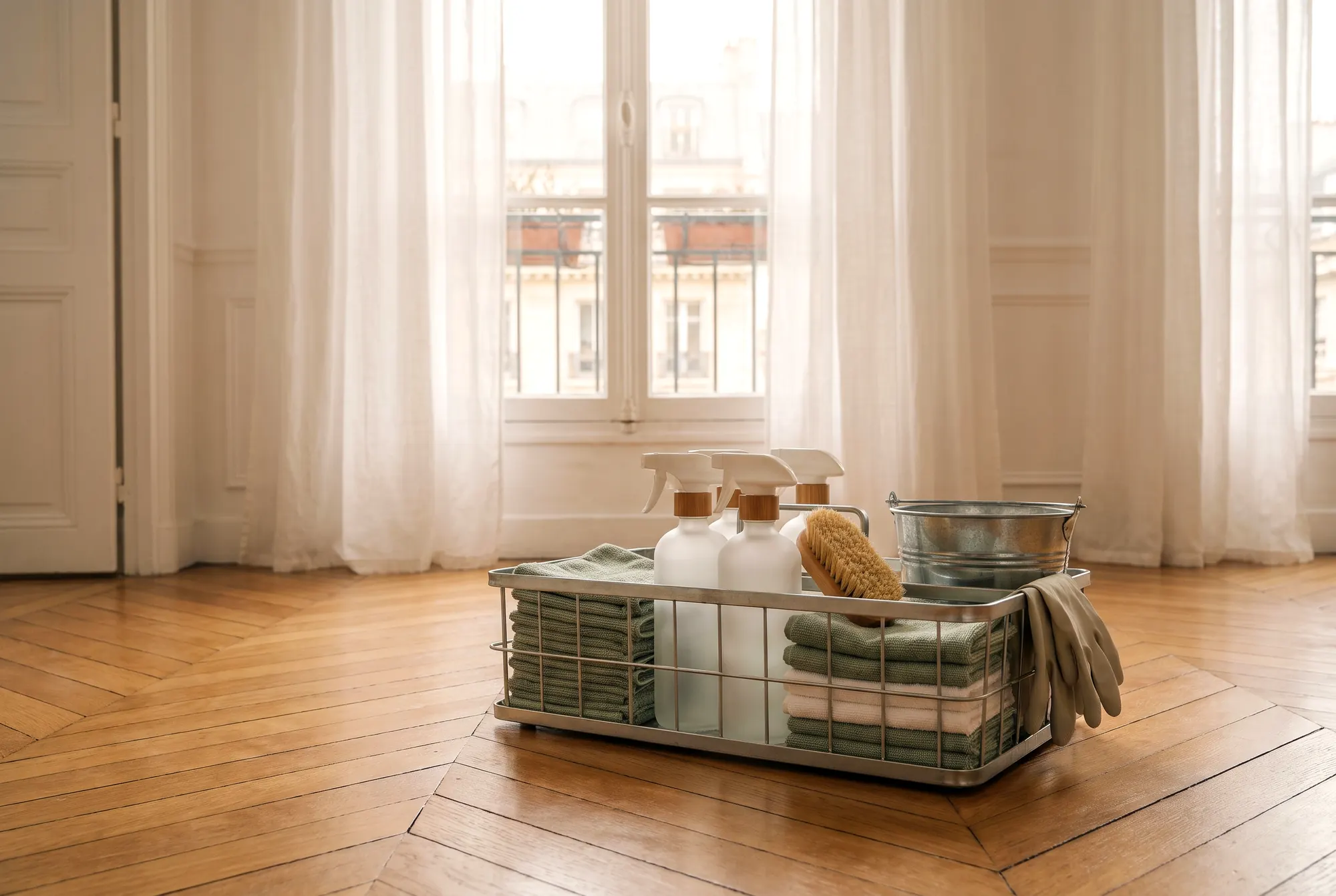 Caddie de ménage avec flacons sans étiquette et microfibres vert sauge sur le parquet d’un appartement parisien