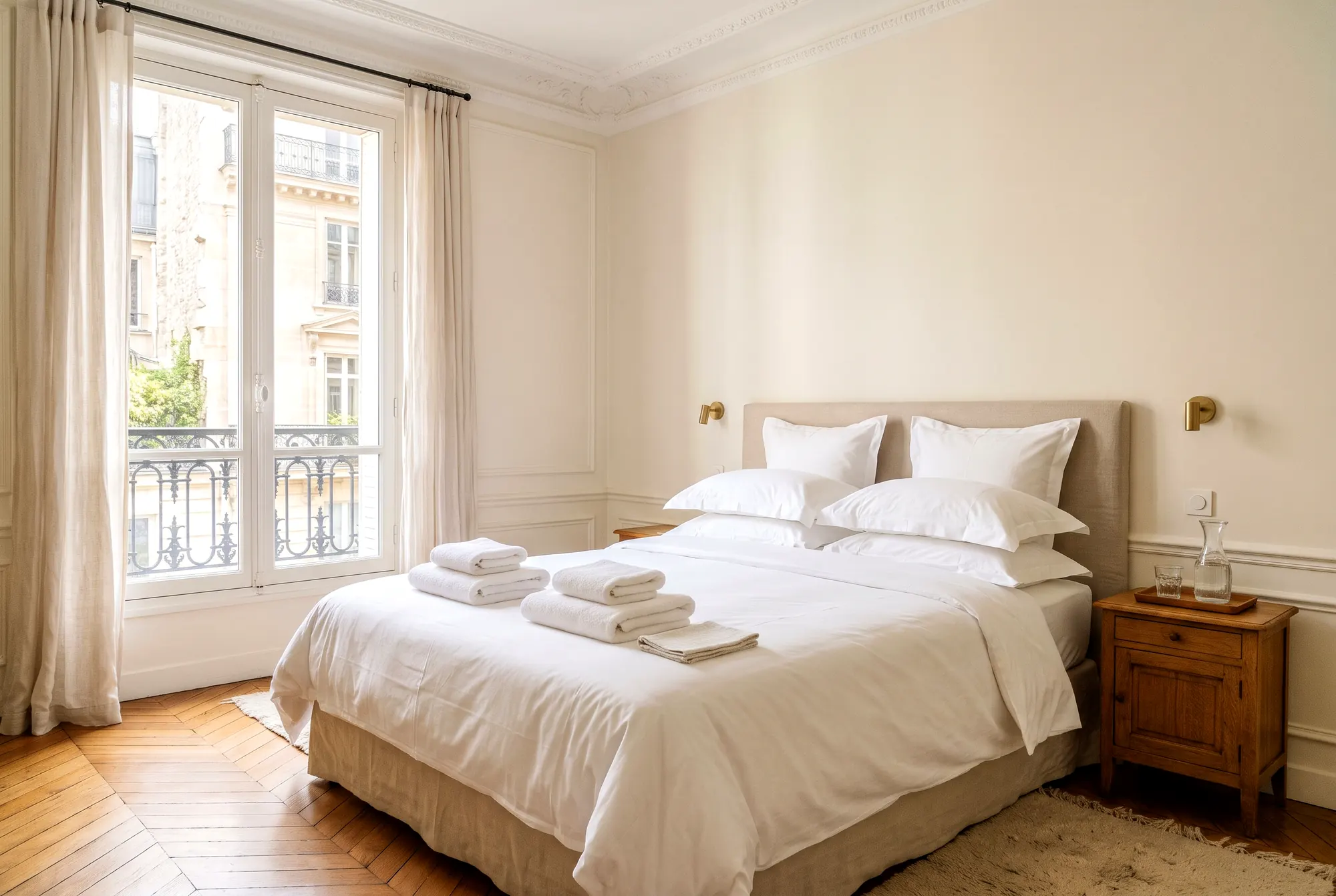 Chambre d’un appartement haussmannien à Paris, lit fait, prête à accueillir les voyageurs