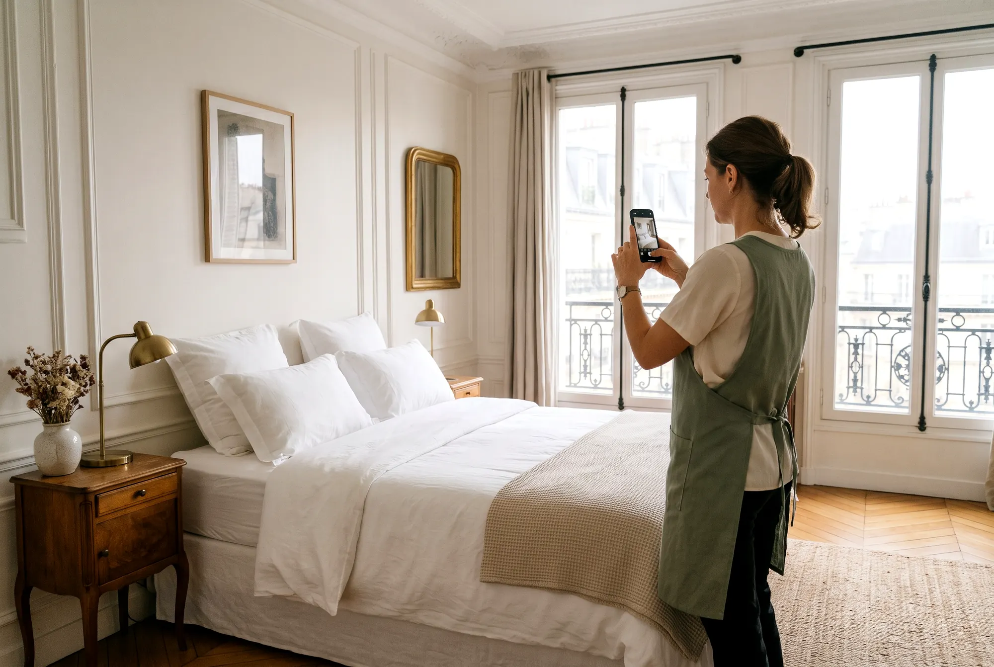 Intervenante photographiant un lit refait avec son téléphone pour le compte rendu de fin de passage