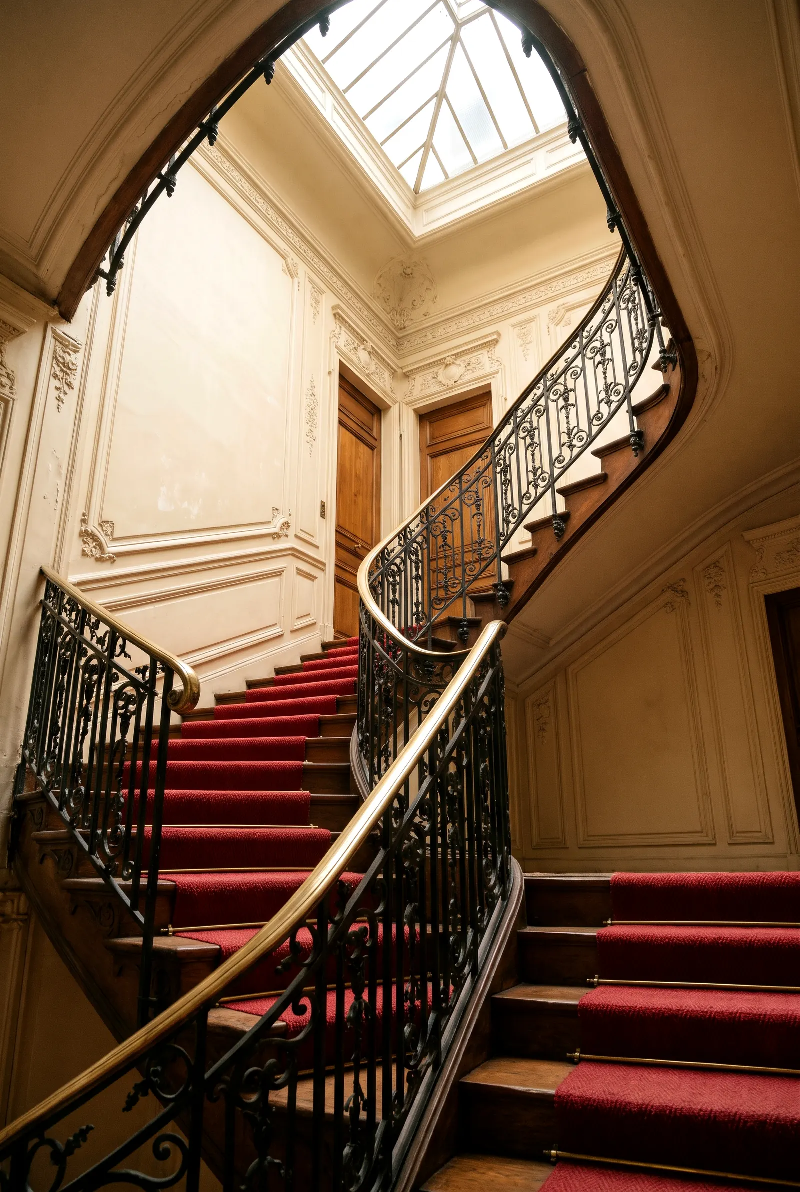 Escalier d’un immeuble haussmannien sans ascenseur, tapis rouge et rampe en fer forgé