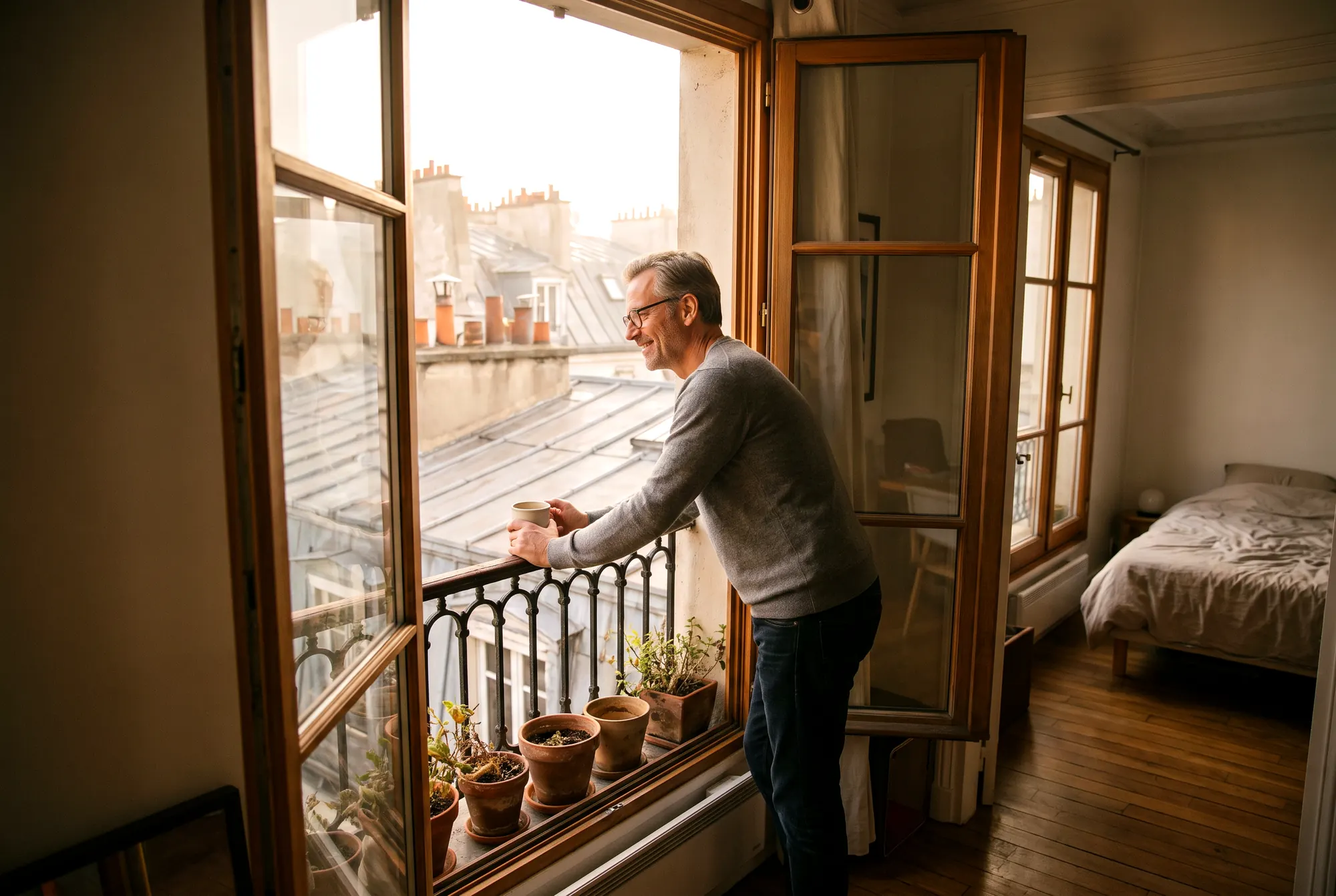 Propriétaire détendu prenant un café sur un balcon en fer forgé au-dessus des toits de Paris
