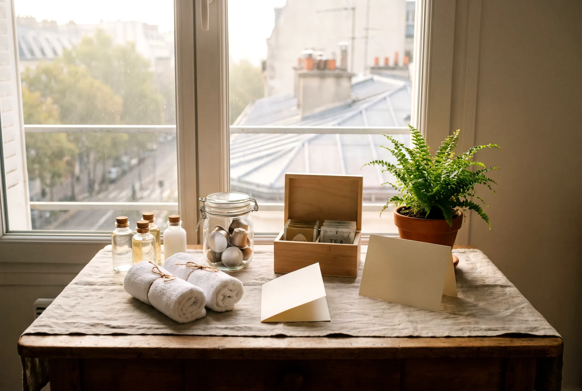 Kit d’accueil Airbnb disposé sur une table : flacons sans étiquette, capsules de café en bocal, thé