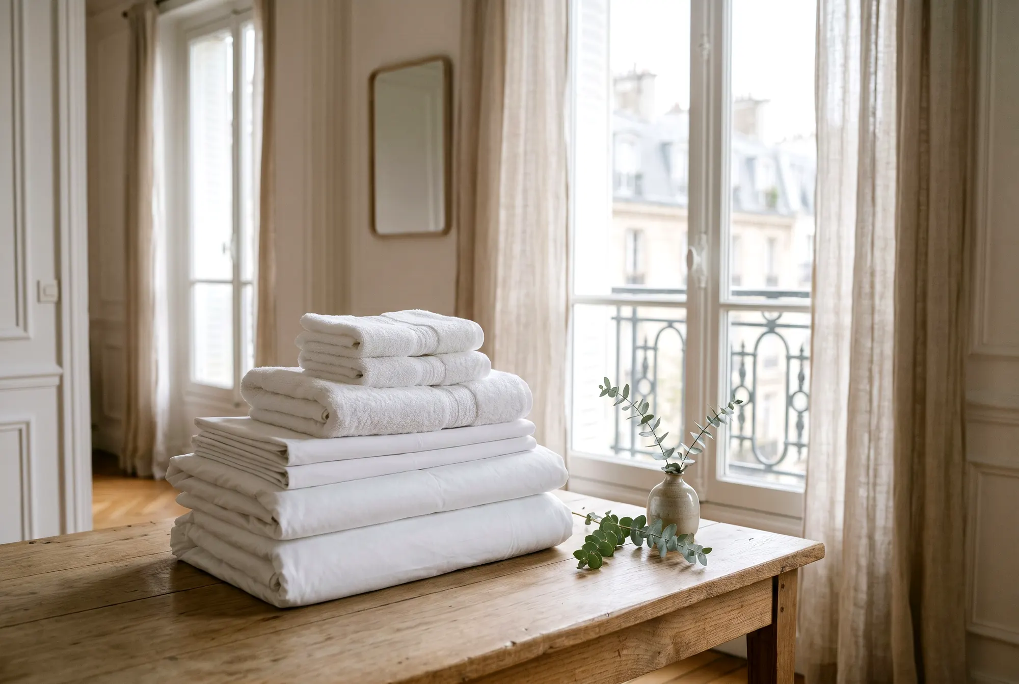 Pile de linge hôtelier blanc (draps, housses de couette et serviettes) posée sur une table en chêne près d’une fenêtre