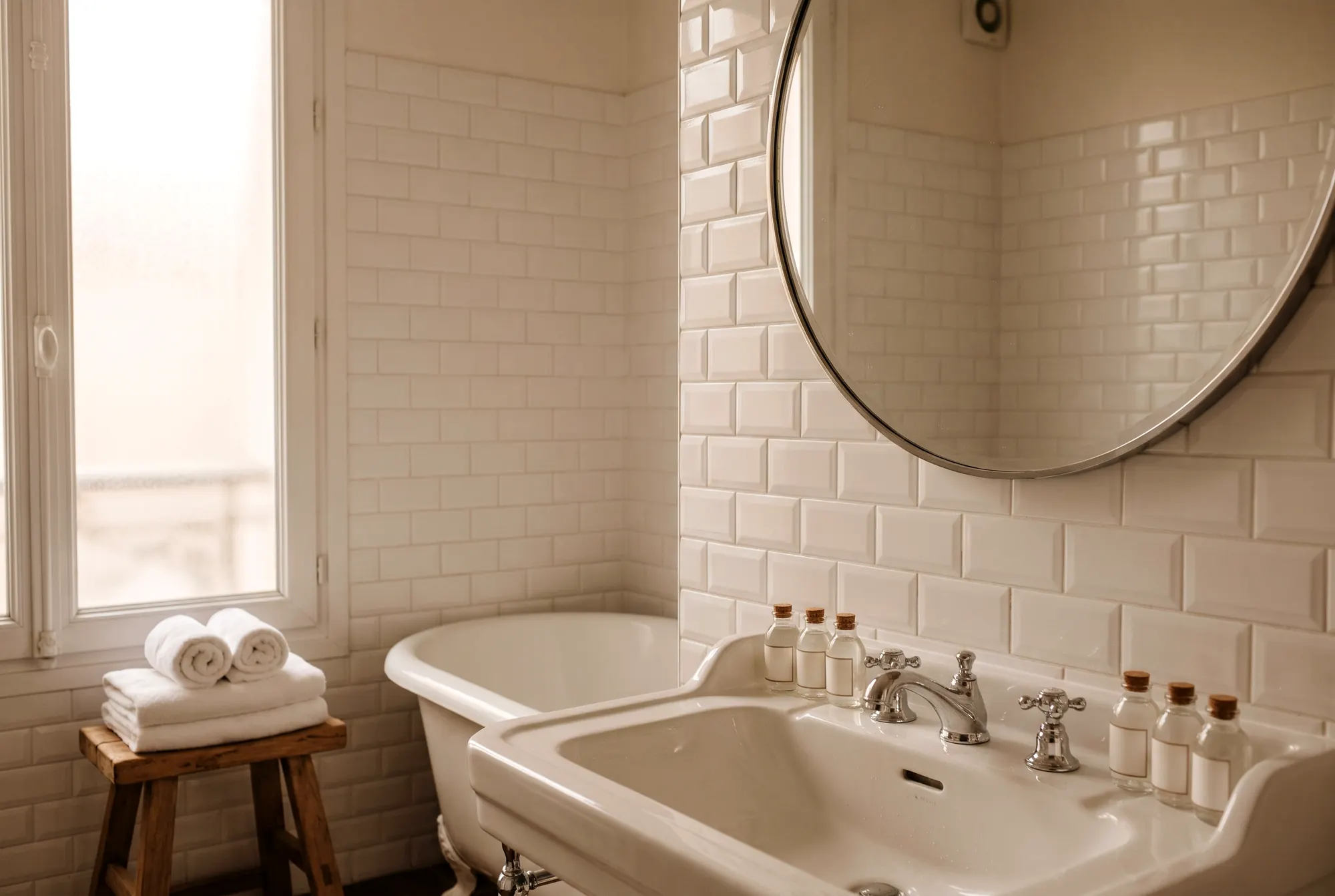 Salle de bain d’un meublé parisien aux carreaux métro blancs, serviettes roulées et flacons sans étiquette prêts