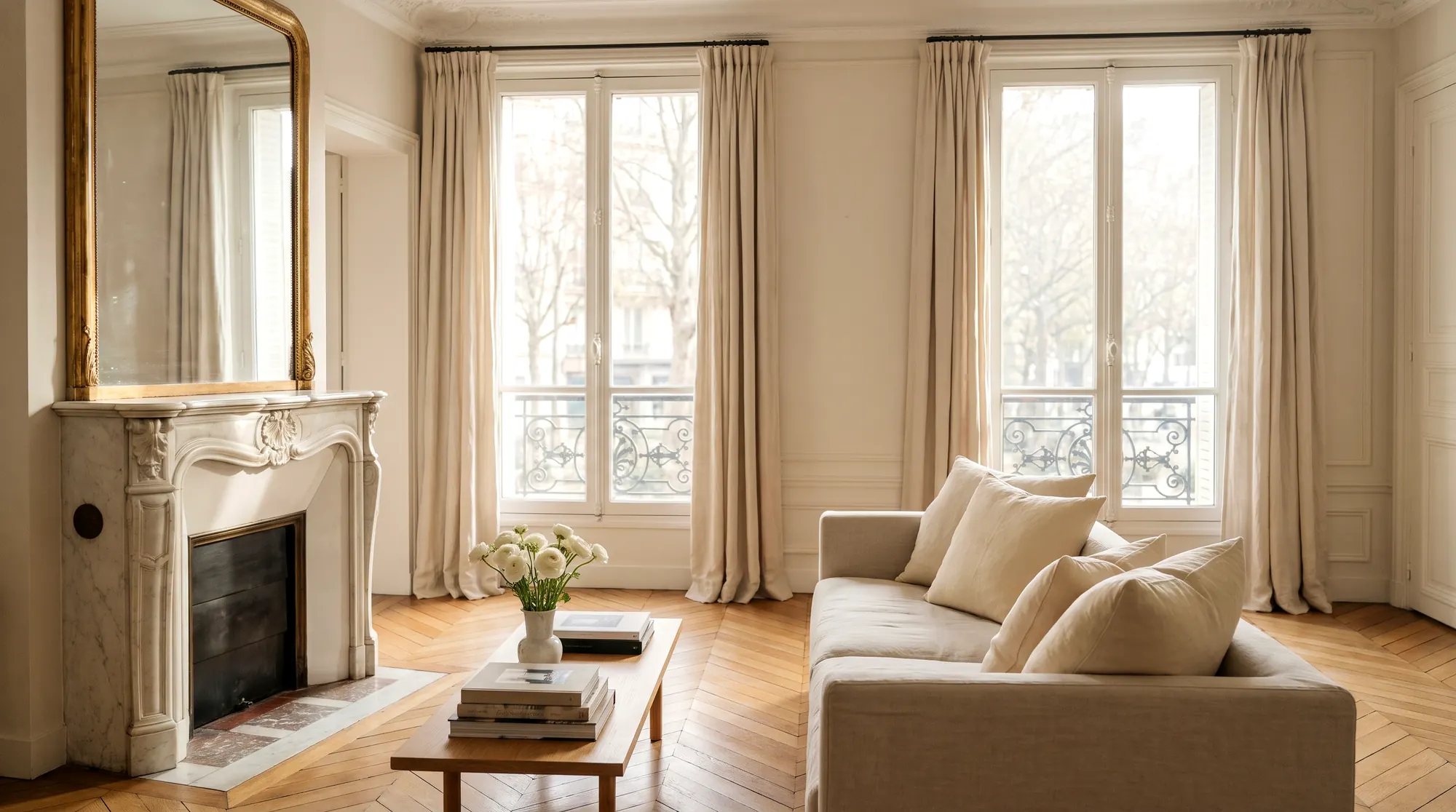 Salon haussmannien rangé, prêt pour l’état des lieux : cheminée en marbre, miroir doré, canapé en lin et table basse