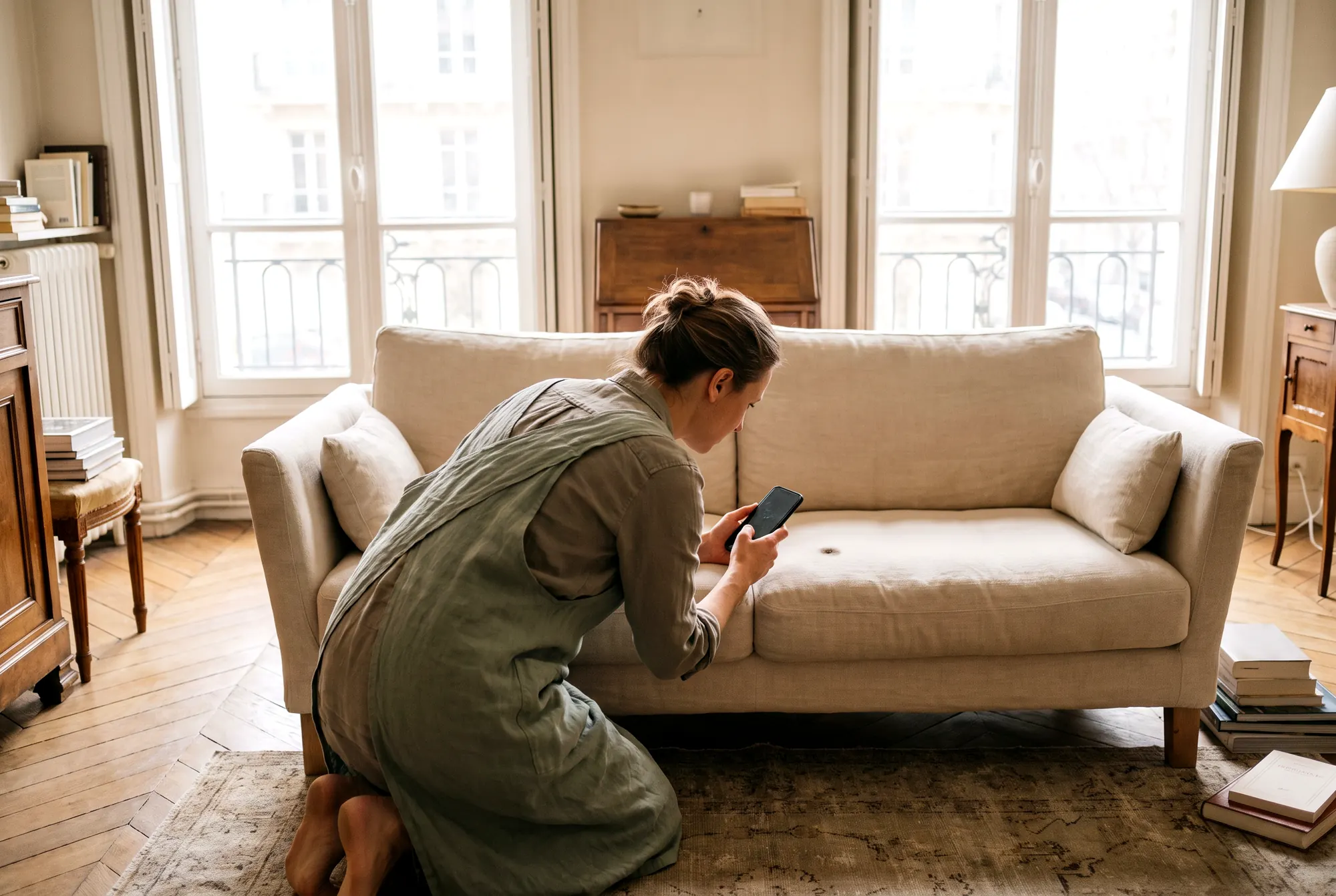 Intervenante à genoux photographiant au téléphone une tache sur un canapé en lin, pour signaler un dégât à l’hôte
