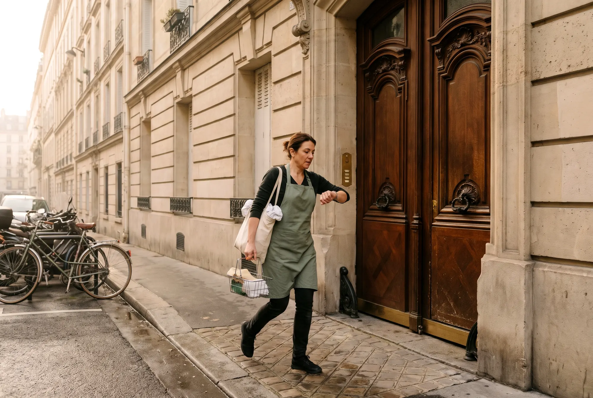 Une intervenante arrive d’un pas rapide devant une porte cochère haussmannienne avec un sac de linge et un caddie de ménage