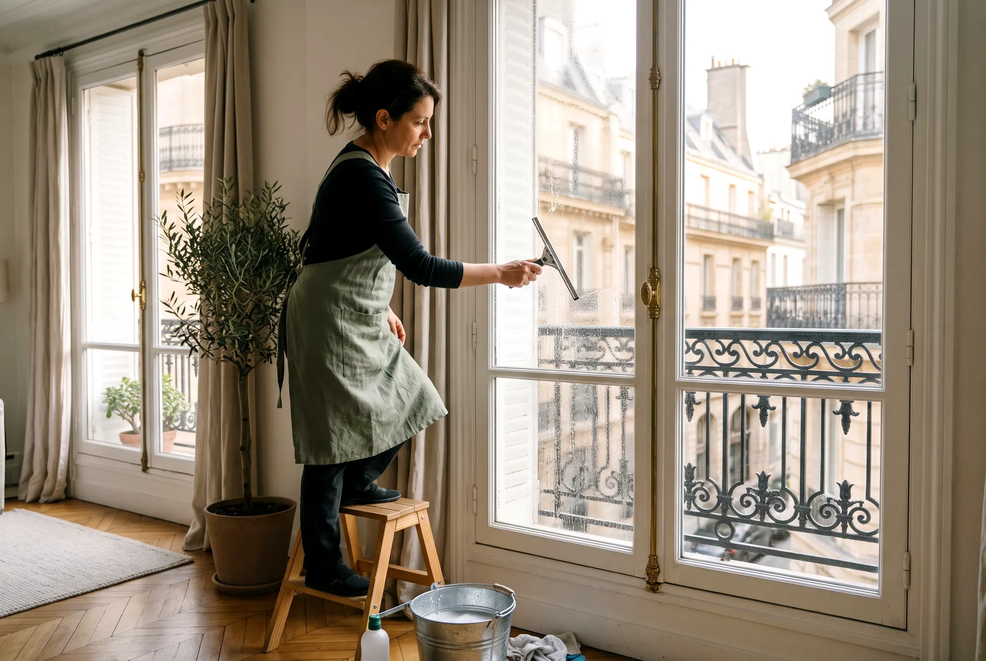 Intervenante nettoyant à la raclette une porte-fenêtre sur un balcon en fer forgé, pour un grand ménage à Paris